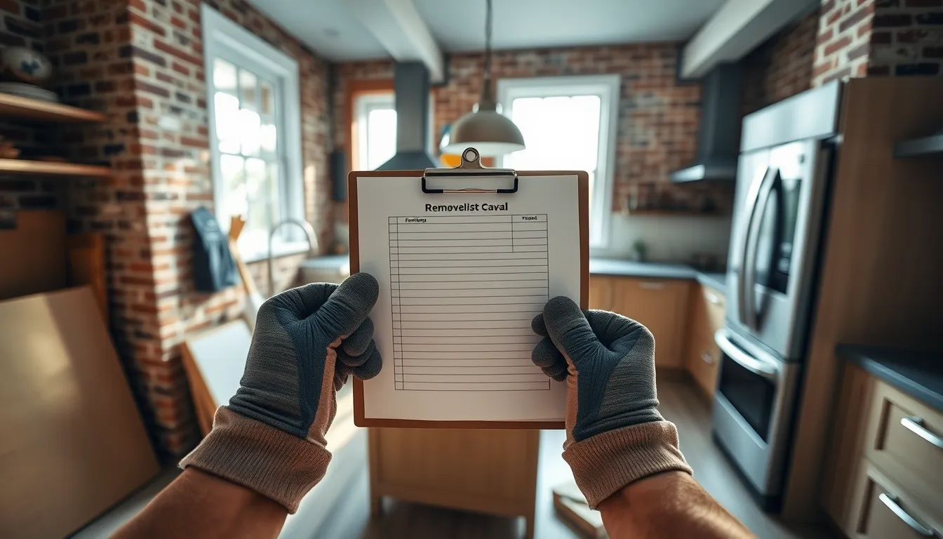 Hands holding a clipboard and pen in a kitchen under renovation, symbolizing contractor evaluation.