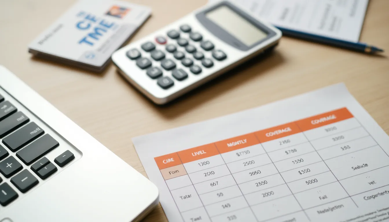 Desk with laptop, calculator, insurance card, and chart comparing costs and coverage.