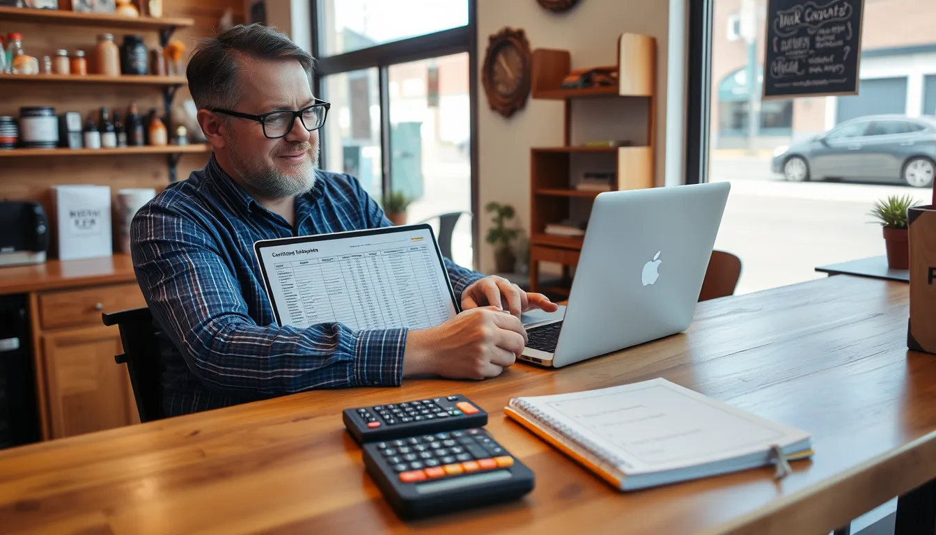 Owner at laptop with calculator, notebook, and shop counter.